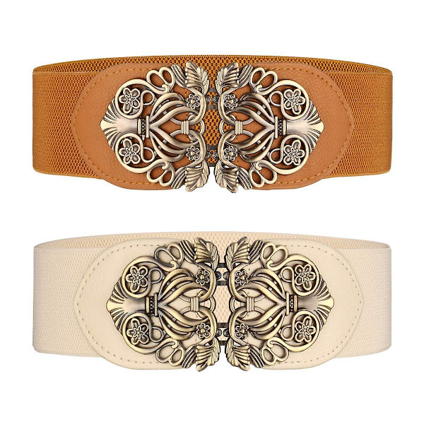 Damernas breda elastiska midjebälte 2-pack Retro damer stretch midjeklänning bälte, brun beige