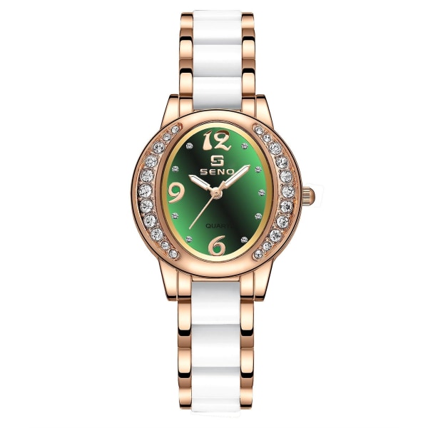 Ny verdig sjenerøs stil mote oval klokke kvinnelig temperament Trend dameklokke med diamanter Rose gold green plate