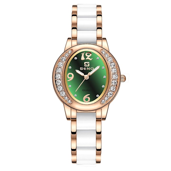 Uusi Arvollinen Ja Elegantisti Tyylissä Oleva Soikea Naisten Rannekello, Trendikäs Naisten Rannekello Timanteilla Rose gold green plate