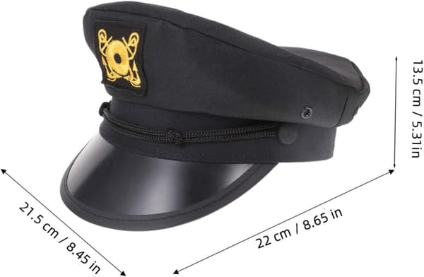 Svart polyester kapteinshatt for menn og kvinner med buet brem og UV-beskyttelse