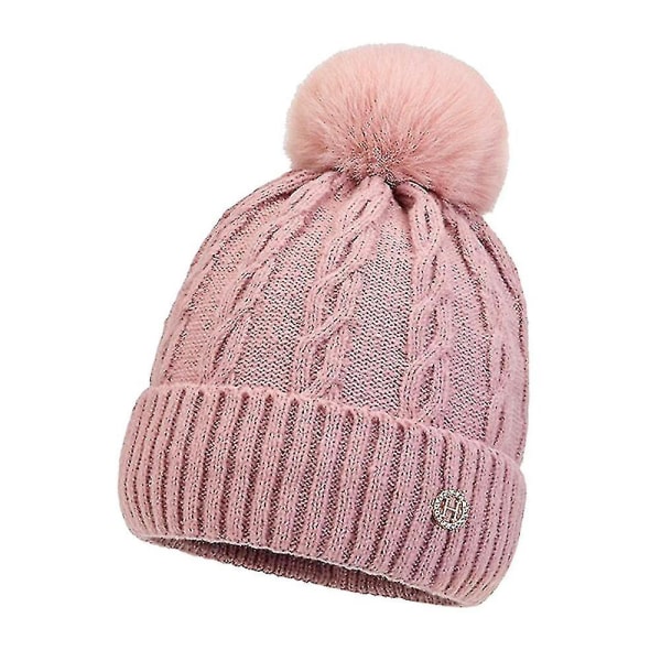 Vintervarm mössa i kabelstickning för kvinnor, stickad termisk mössa med pompom, 1 st, rosa