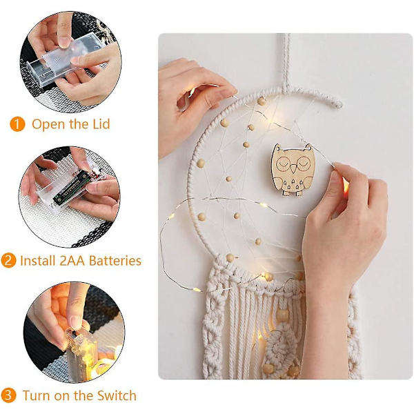 Boheme Macrame Væghængning med LED-lys, bomuldsstrikket drømmefanger måne vægtapet med frynser dekorationer til børneværelse fest pynt