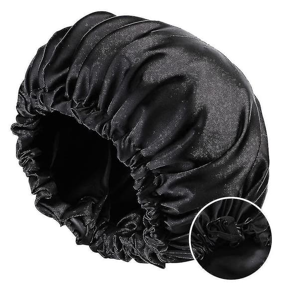 Satin Søvnhat til Kvinder Langt Hår Krøllet Hår Silkehat Vandafvisende Satin Hårhat Sover Ekstra Sort