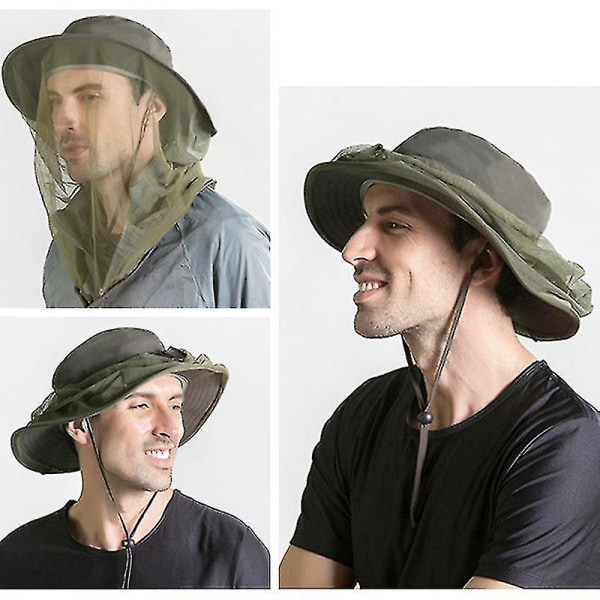 Mosquito Midge Head Net Hat Mesh Cover Insektsbi, kvinnor Män, utomhus djungelfiske Army Green