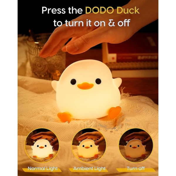 Dodo Duck nattlys, søt andelampe, silikondimbar nattlampe for barnehager, oppladbar led nattbordslampe med 20 minutter timertrykkkontroll Baby Gi