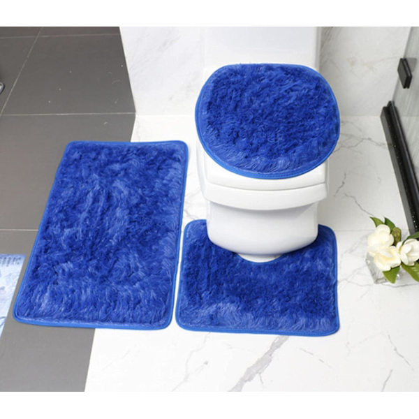 Tykke Badeværelsesmåtter Sæt 3 Dele, Bademåtte + Konturmåtte + Toiletlåg, Skridsikker Badeværelsesmåtter Med PVC-Prik Gummibagside, Super Lang Blød blue