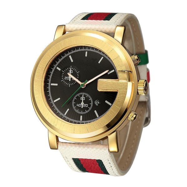 Trendig Herrarmbandsur med Luminous Sport Quartz White ribbon gold shell gold surface