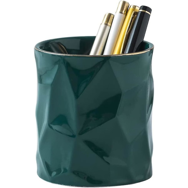 Keramisk oregelbunden rund pennhållare för skrivbord Söt stativ Guldlinje Penna Kopp Pott Organizer (mörkgrön)