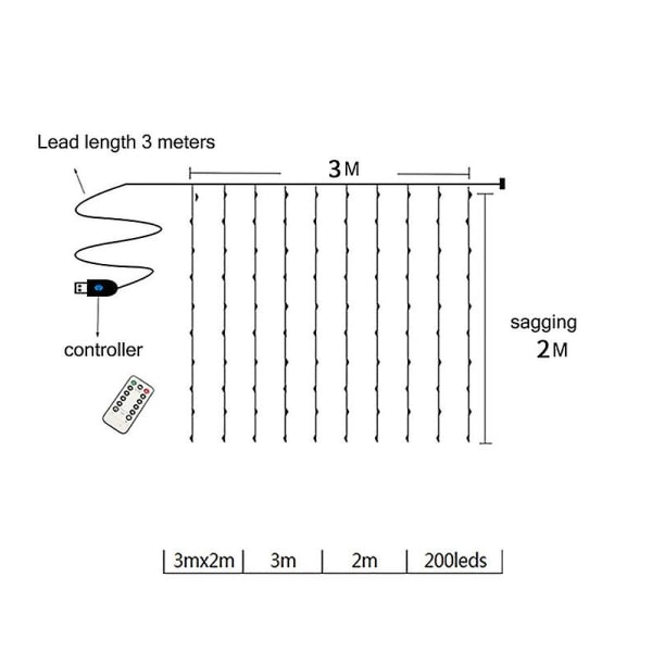 Verho Fairy Lights 200 Led 3m X 2m Jouluvalot Vedenpitävä USB 8 Modes Remote String Lights Makuuhuoneen Seinä Ikkuna Patio Party Xmas Ind Pink