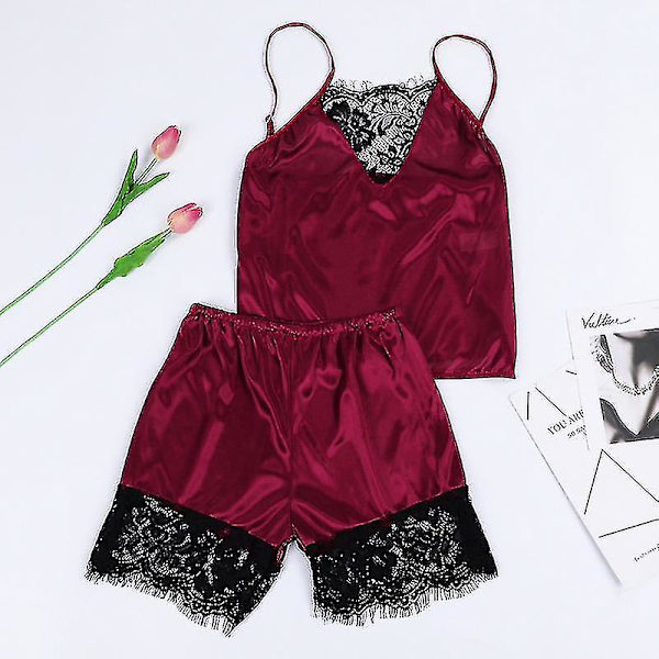 Erottisk Lingeri for Kvinner - Blonder Pyjamassett med Ermeløs Satin Cami Topp