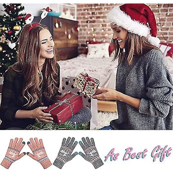 Vinterhandskar för kvinnor med pekskärm, stretchiga stickade varma vantar, vintertermik, damhandskar, smartphones, sms-handskar, en storlek (rosa och grå) 2-pack