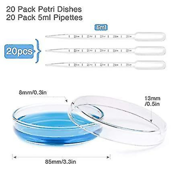20 stk Plast Petriskåler med Lopp 90ml Overførings Pipetter 5ml