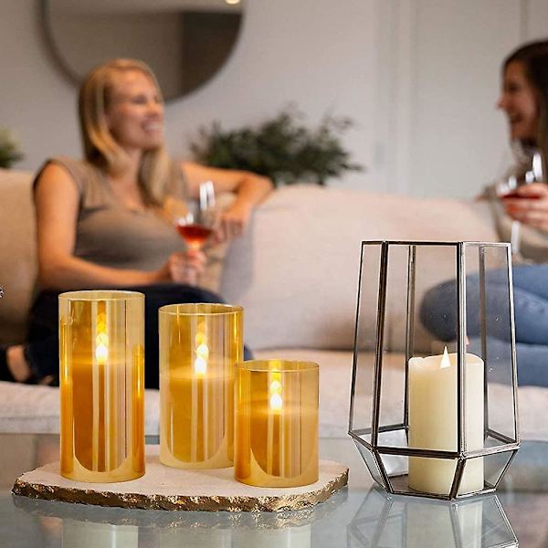 Set med 3 Guld Glasljus Batteridrivna med Timer och 10-knappars Fjärrkontroll