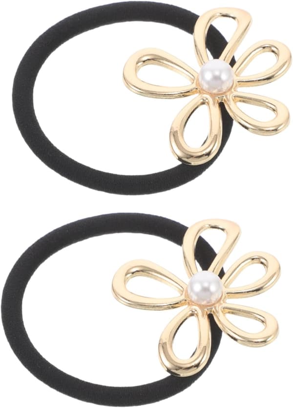 2 st guldmetallhårband med pärlblomaccent, högelastiska hästsvanshållare