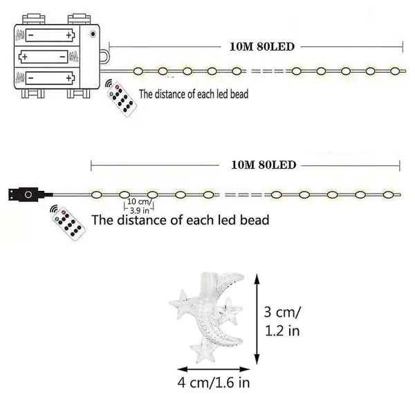 Stjerne Måne Lysstreng 10m 80LEDs Fjernbetjening Fest Ferie