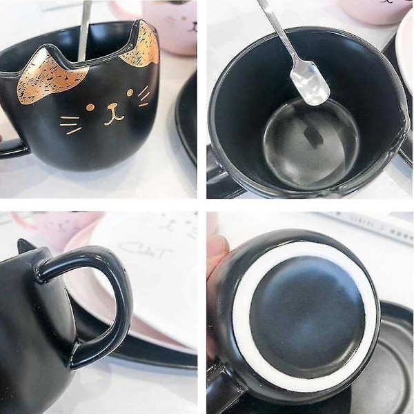 Cat Keramik Kaffekop Sæt Måtte Låg Ske Mælkekop