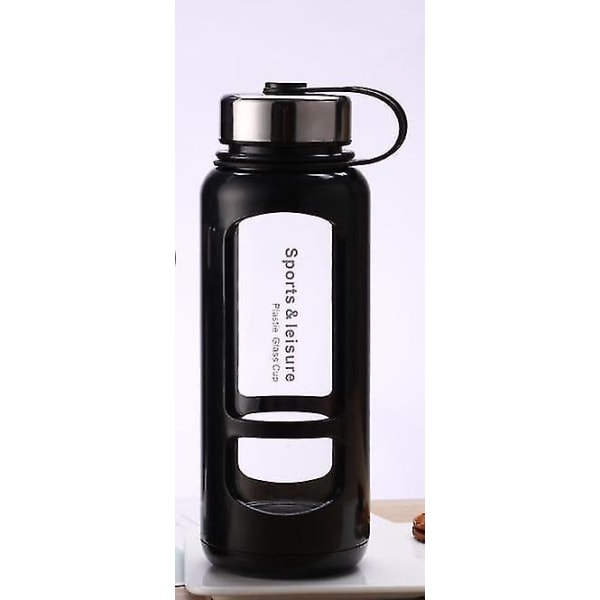 900 ml Bærbar vannflaske i glass med stor kapasitet, svart