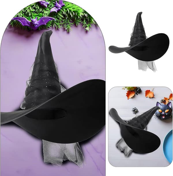 Svart plissert nettingheksehatt for Halloweenfest Kvinner Gotisk Trollmannshodeplagg