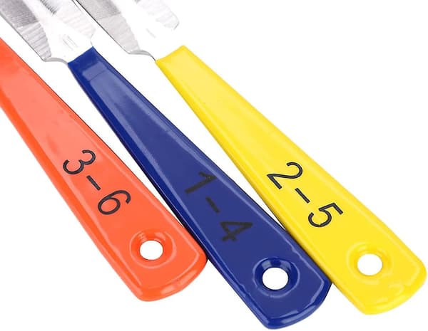 Gitarmutterfil, rustfritt stål, dobbeltsidig, sporet fil med gummigrep (gul oransje blå) (3 stk)