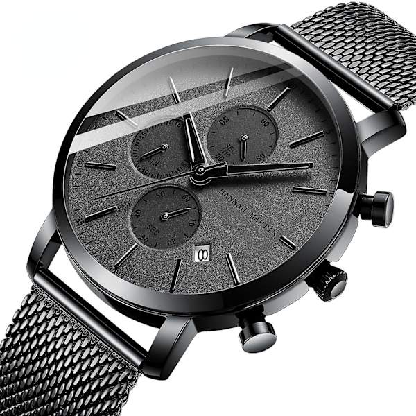 Forretnings Casual Kalender Herre Ur Sort Rustfrit Stål Mesh Rem Vandafvisende Kvarts Ur 109 black scale