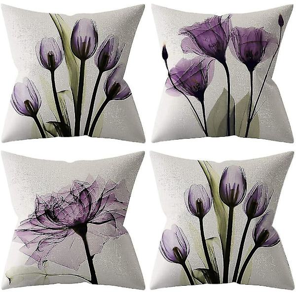 Dekorative Pudebetræk 18x18 Tommer Sæt Af 4 Lilla Blomst Pudebetræk 45cm X 45cm