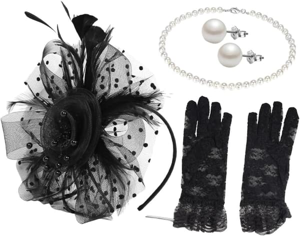 Fascinatorhattsett for kvinner til teselskap, svart netting, perlekjede, øredobber