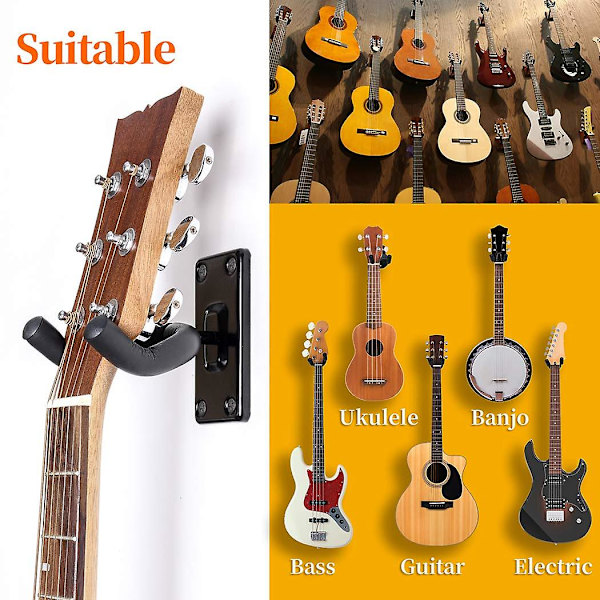 Gitarrväggfäste 2-pack Krokar Akustisk Elektrisk Bas Väggfäste Svart Metall Gitarrställ