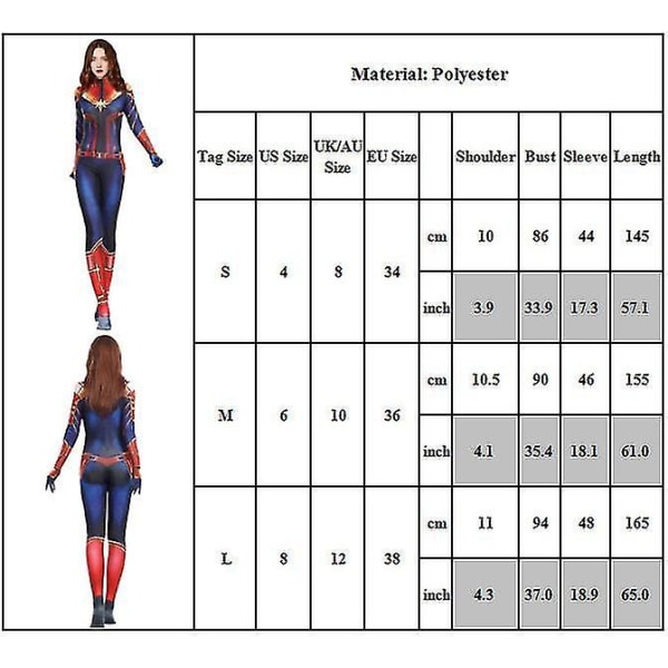 Captain Marvel Cosplay -asu Haalari Captain Marvel Bodysuit Halloween Party Carnival Fancy -puku naisille L