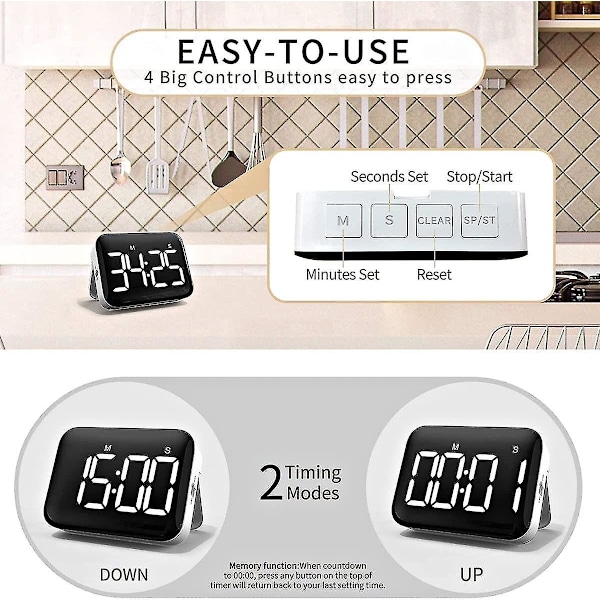 Køkken Timer Med Stor LED-Skærm Digital Timer Magnetisk Nedtælling Tidsmåler