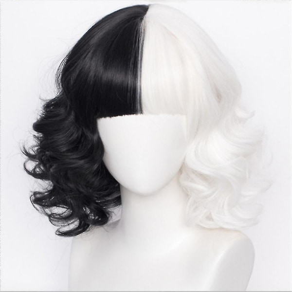 Cruella Devil Cosplay Wig Half Black And White For Women Cosplay Supply,short Wavy Bob Halloween Party Wigs With Bangs