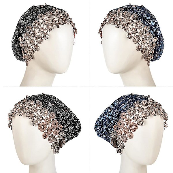 Kvinnors Muslimsk Mesh Stretch Hijab Turbanmössa Broderad Blommig Spets Beanie Huvudbonad Falska Pärlor Pärlstavad Bonnet Kemohätta