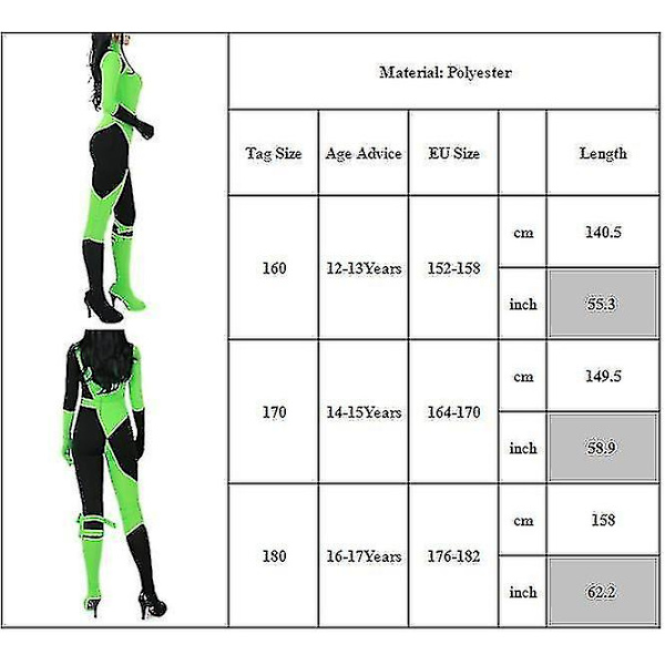 Flickor Kim Possible Shego Kostym Bodysuit Jumpsuit 16-17 Years