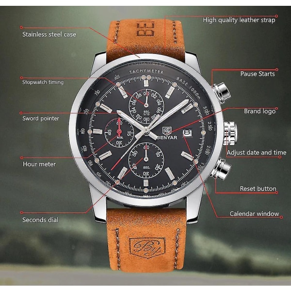 Ylellinen nahka vedenpitävä Chronograph Quartz watch