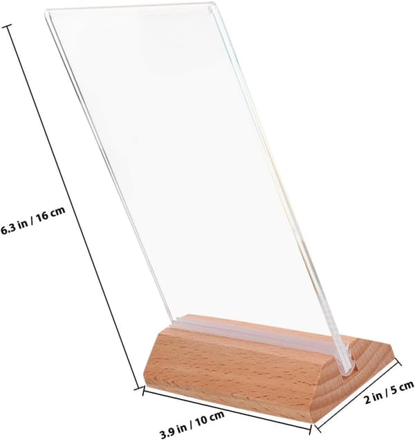 6 st akrylskylthållare med bokträbas, A6 triangulär vertikal akryldisplayställ 100x150mm