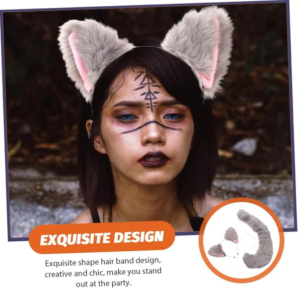 Rever ørehårbånd og halerekvisittsett 2 stk grå lodne cosplay-tilbehør