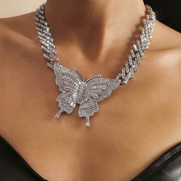 Tyk Krystal Choker Halskæde Butterfly Vedhæng Halskæder Cuban Link Kæde Glitrende Rhinesten Smykke