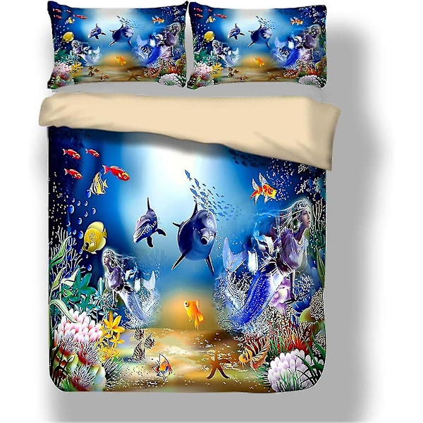 Marine Life Dynetrekk Undervannsverden Delfin Havfrue Sengetøysett Med Glidelås For Barn Dobbelt Dynetrekksett 200x200cm