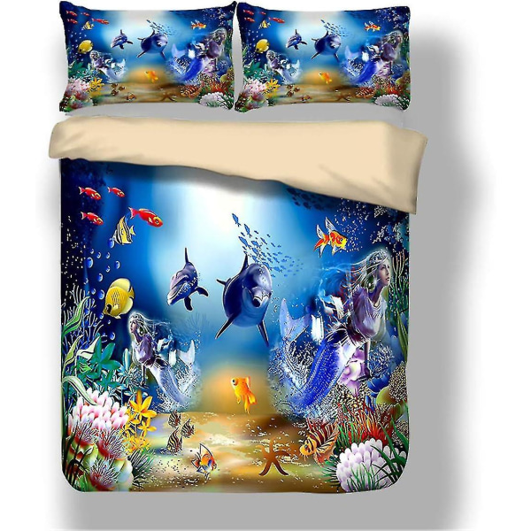 Marint Liv Täcke Överdrag Under Vatten Världen Delfin Sjöjungfru Sängkläder Set Med Blixtlås Stängning För Barn Barn Dubbel Täcke Överdrag Set 200x200cm