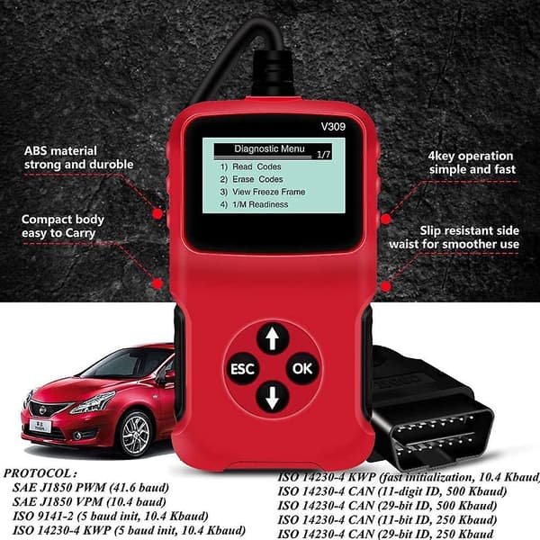 Kablet OBD2 Scanner til Bil, Plug & Play Kodelæser, Kablet OBD2 Scanner, HD LCD Skærm