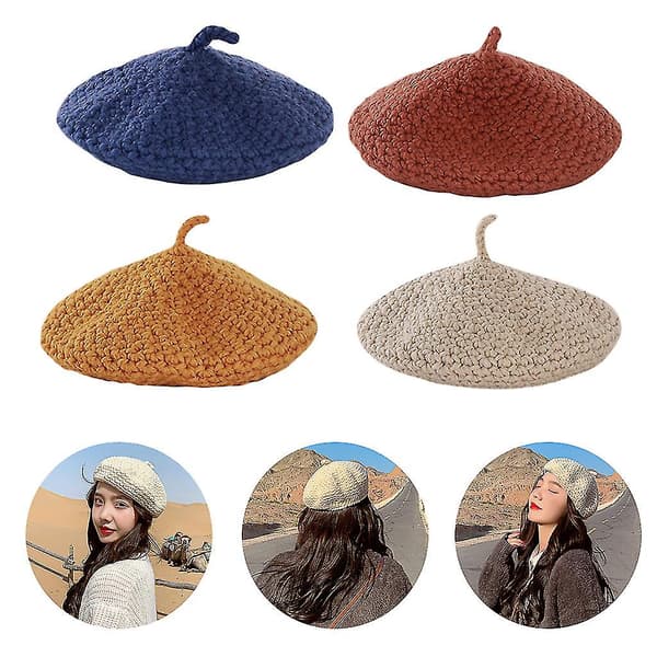 Dame Winter Strikket Beret Hat Solid Farve Chunky Hæklet Maler Beanie Hat