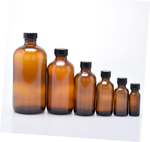 Glasflasker med sorte bakelitlåg, brune, runde, 4 stk. 60 ml