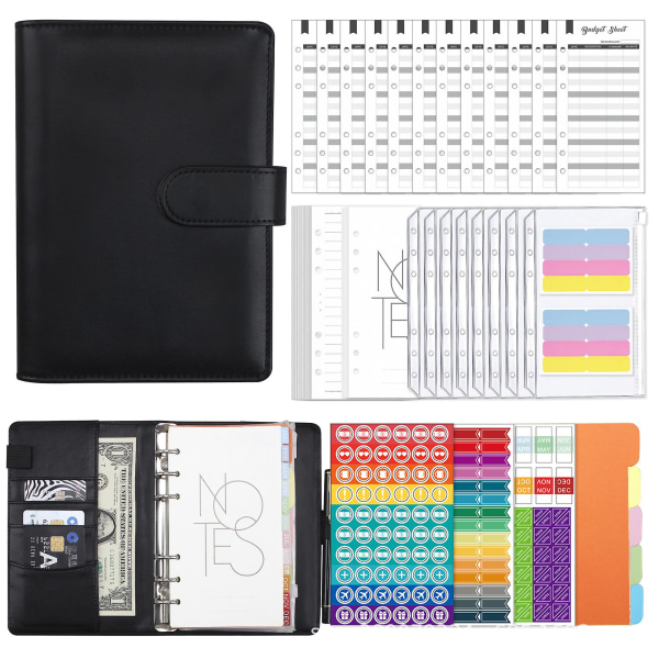 Bogføring Notebook Macaron A6 PU Læder Løsblad Kreativ Kontanter Black