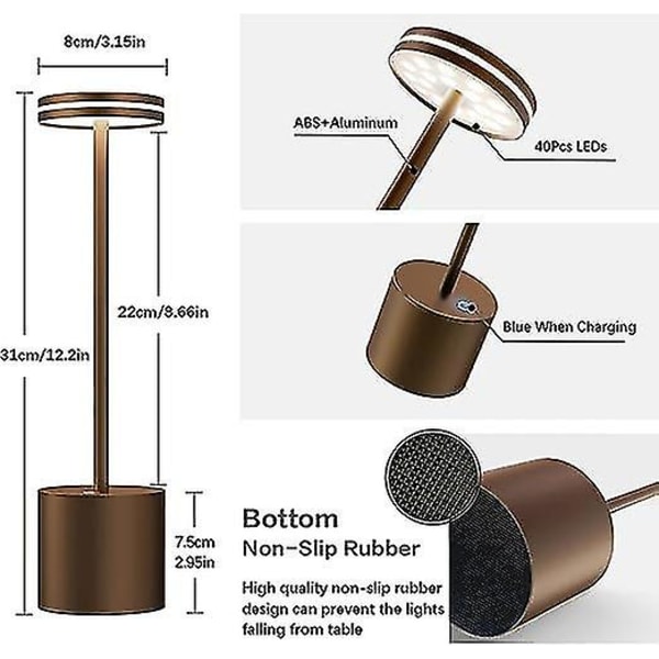 Laddbar Trådlös LED-Bordslampa, 5000mah Batteridriven Bordslampa, 3 Färglägen, Dimbar, USB-Skrivbordslampa för Hem, Matplats, Inomhus, Utomhus Brown