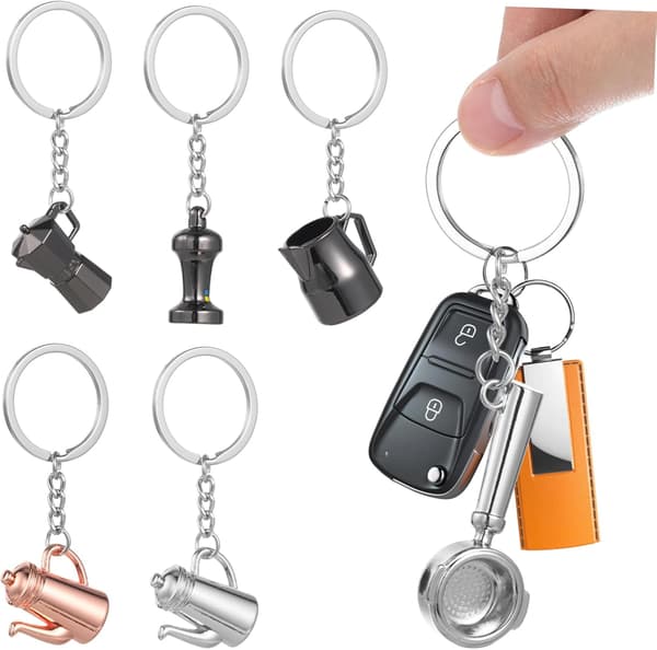 6 stk. nøgleringe i zinklegering til kaffeapparater, dekorative nøgleholdere, unikke til studenter og bildekoration