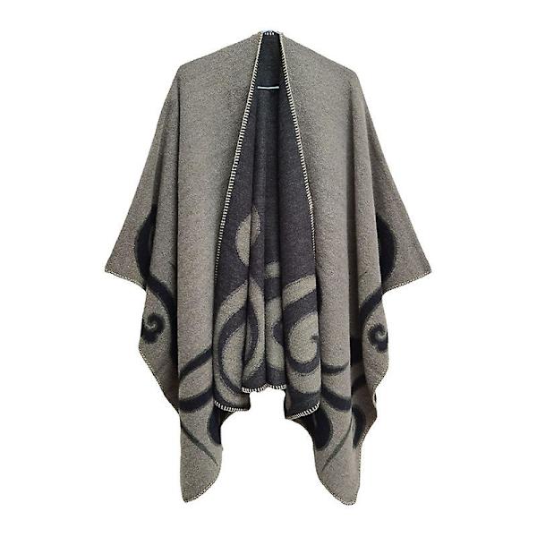 Dame Poncho Sjal Vendbar Oversized Poncho Kappe Trykt Tæppe Sjal Cardigan gray