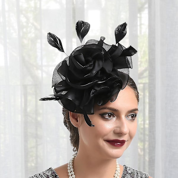 Mini Fascinator Hat med Kunstige Fjer, Netgarn Blomst Form, Ensfarvet Cocktail Hovedbeklædning Hårtilbehør