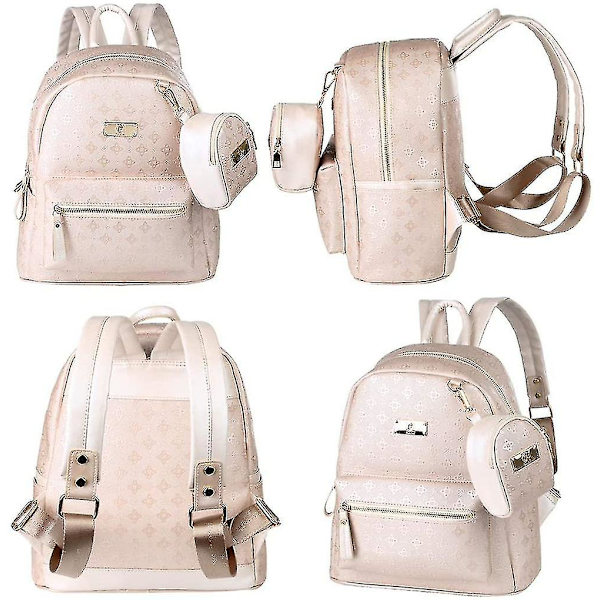 Ryggsäck Dam Elegant PU Läder Ryggsäck Flickor För Kvinnor Svart Beige