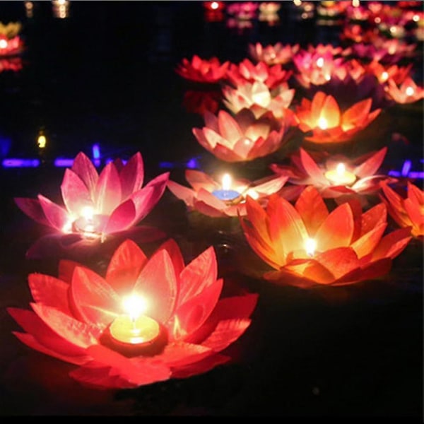 Förpackning med 10 flerfärgade Silk Lotus Lantern Light Floating Candle Ornaments