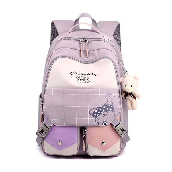 Søt Multi-lomme Nylon Skole Ryggsekk For Student Jenter Gutter Ungdom Boksekk Purple