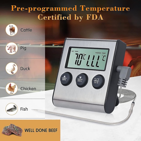 Digitalt kjøtttermometer, steketermometer med langmatgave i rustfritt stål